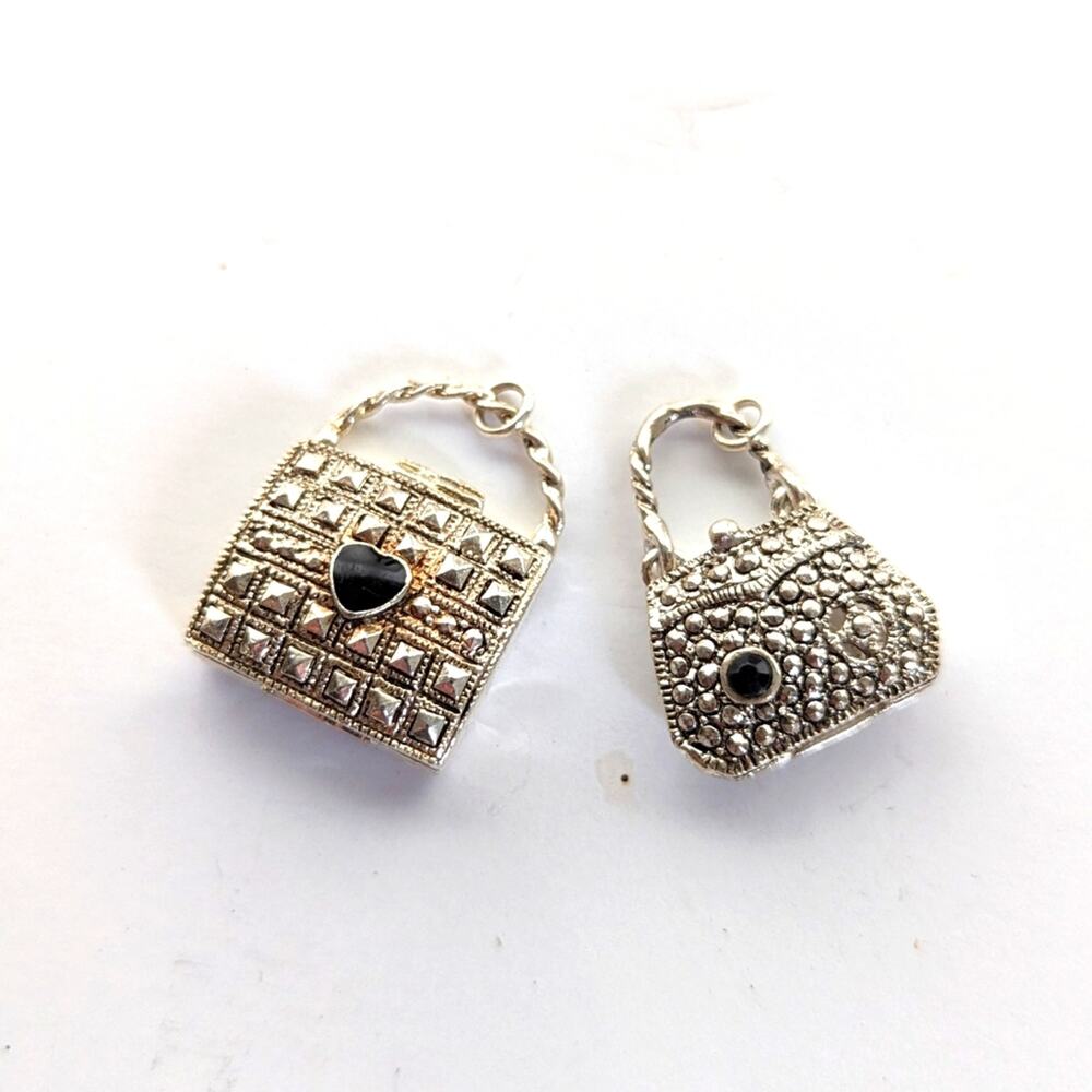 Silver Tone Filigree Open Work Hollow Faux Onyx Purse Handbag Charm Pendants